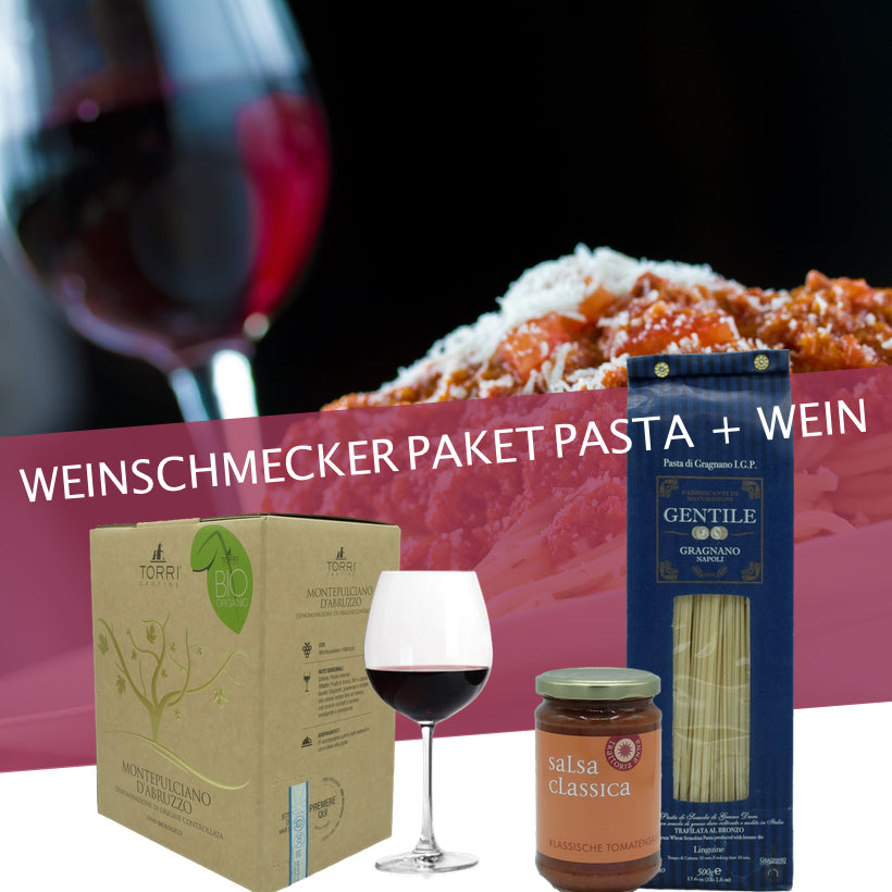 Weinschmeckerpaket Wein und Past. Montepulciano D'Abruzzo 5 Liter Bag in Box mit Pasta und Pastasauce im Paket